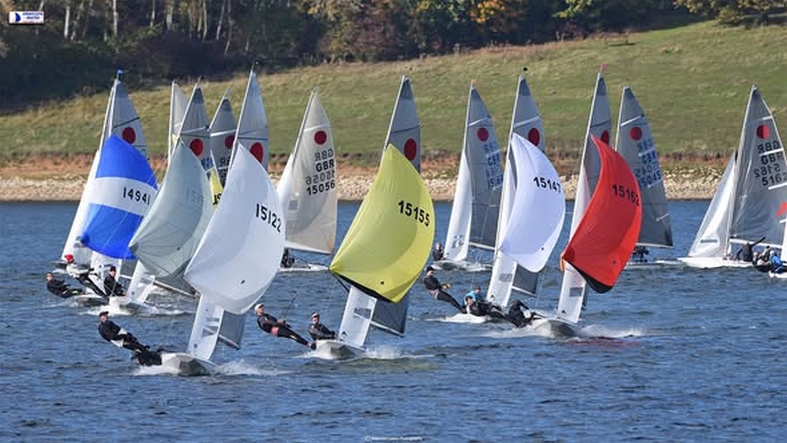 Fireballs racing downwind under spinnaker at Draycote Water
