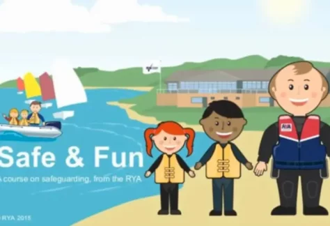 An image graphic of an instructor and children for the Safe and Fun course